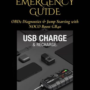 May include: A black NOCO Boost GB40 jump starter with a digital display, connected to a white USB cable. The text reads AUTOMOTIVE EMERGENCY GUIDE, OBD2 Diagnostics & Jump Starting with NOCO Boost GB40, USB CHARGE & RECHARGE, 2.1A USB-A OUT, 2.1A MICRO-USB IN.
