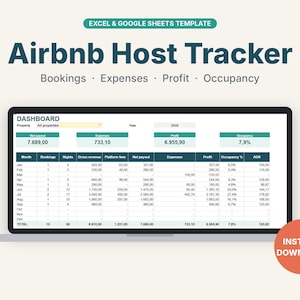 Könnte beinhalten: Eine Excel- und Google Sheets-Vorlage für einen Airbnb-Gastgeber-Tracker auf einem Laptop-Bildschirm. Das Dashboard zeigt Spalten für Buchungen, Ausgaben, Gewinn und Auslastung mit numerischen Daten. Ein roter Kreis weist auf den Sofort-Download hin.