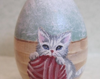 Hand Painted Egg Kitten Cat Yarn Basket Wooden Original Easter Mother's Day Handpainted Wood