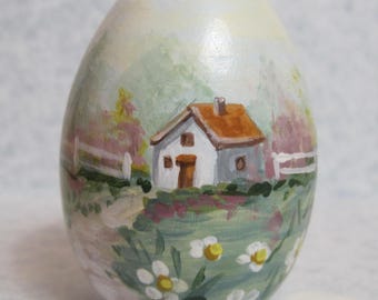 Hand Painted Wooden Egg Cottage Spring Flowers Wood Original Easter Mother's Day