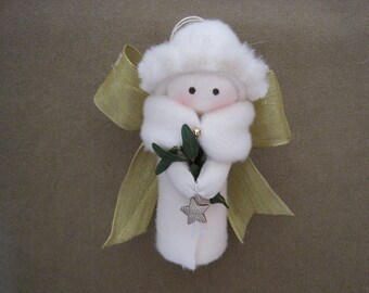 Handmade Christmas Tree Angel Ornament w Gold Ribbon Wings Mistletoe Sprig