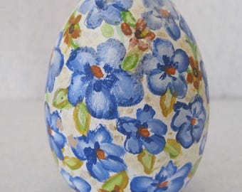 Hand Painted Wooden Easter Egg Chintz Blue Flowers Original Mothers Day