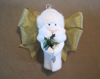 Handmade Christmas Tree Angel Ornament w Gold Ribbon Wings
