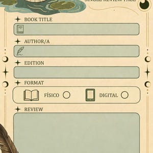 Puede incluir: Una página de seguimiento de libros beige con una ilustración de un elfo en un estanque, una pluma y libros apilados. El texto incluye MY BOOK TRACKER, SINGLE REVIEW PAGE, BOOK TITLE, AUTHOR/A, EDITION, FORMAT, FÍSICO, DIGITAL, REVIEW y MY RATING.