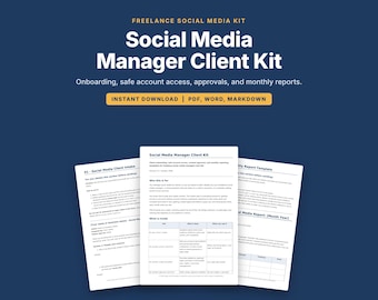 Kit per il cliente Social Media Manager, modelli di onboarding SMM, flusso di lavoro di approvazione dei contenuti, modello di report mensile, modulo di acquisizione clienti, PDF DOCX