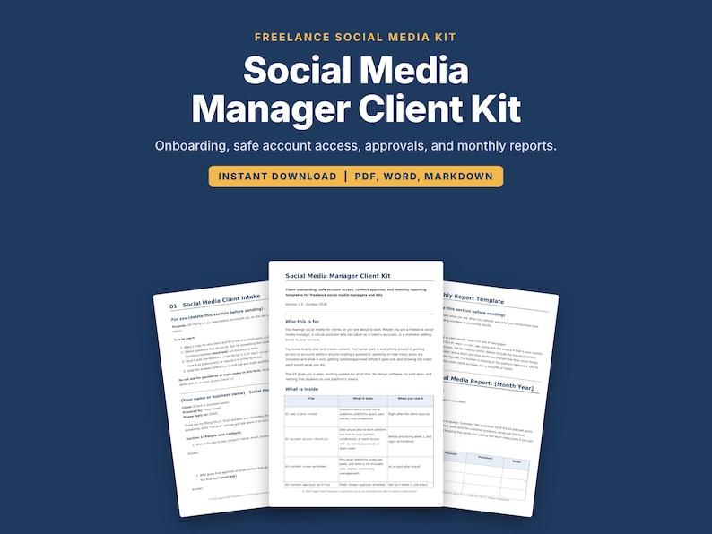 Social-Media-Manager-Kundenpaket, SMM-Onboarding-Vorlagen, Workflow zur Inhaltsfreigabe, Vorlage für Monatsberichte, Kundenaufnahme, PDF DOCX Bild 1