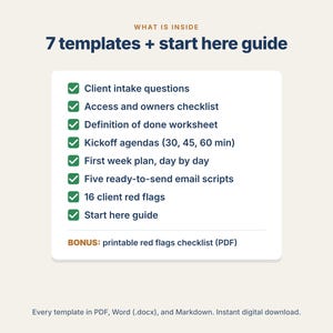 Kit di onboarding per clienti freelance, questionario di anamnesi del cliente, agenda per la call di avvio, script per email, modelli per freelance, PDF DOCX immagine 2