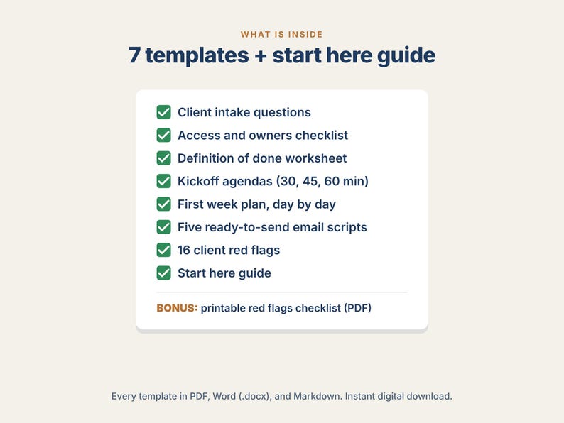 Kit di onboarding per clienti freelance, questionario di anamnesi del cliente, agenda per la call di avvio, script per email, modelli per freelance, PDF DOCX immagine 2