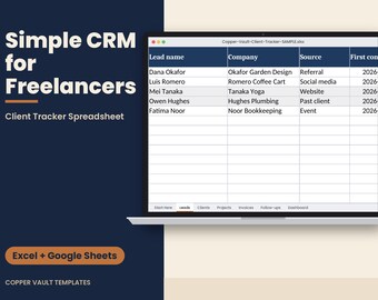 クライアントトラッカースプレッドシート、2027年版中小企業向けCRM、Excel Googleスプレッドシート、プロジェクトトラッカー、請求書トラッカー、フリーランサー向けリードトラッカー