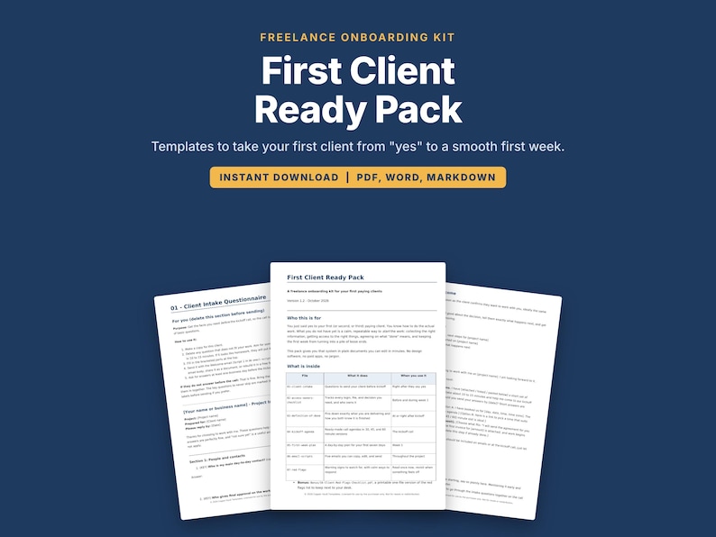 Kit di onboarding per clienti freelance, questionario di anamnesi del cliente, agenda per la call di avvio, script per email, modelli per freelance, PDF DOCX immagine 1