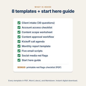 Social-Media-Manager-Kundenpaket, SMM-Onboarding-Vorlagen, Workflow zur Inhaltsfreigabe, Vorlage für Monatsberichte, Kundenaufnahme, PDF DOCX Bild 2