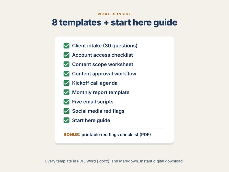 Social-Media-Manager-Kundenpaket, SMM-Onboarding-Vorlagen, Workflow zur Inhaltsfreigabe, Vorlage für Monatsberichte, Kundenaufnahme, PDF DOCX Bild 2