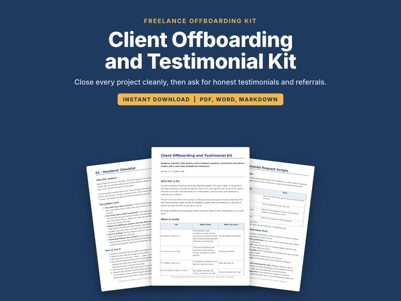 Kit voor het afhandelen van klantafhandeling, checklist voor de overdracht van freelanceprojecten, e-mail voor het aanvragen van een testimonial, sjabloon voor casestudy's, scripts voor doorverwijzingen, PDF DOCX afbeelding 1