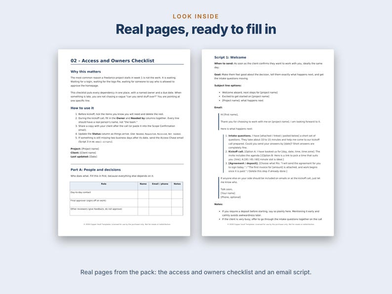 Kit di onboarding per clienti freelance, questionario di anamnesi del cliente, agenda per la call di avvio, script per email, modelli per freelance, PDF DOCX immagine 3