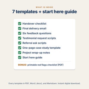 Kit voor het afhandelen van klantafhandeling, checklist voor de overdracht van freelanceprojecten, e-mail voor het aanvragen van een testimonial, sjabloon voor casestudy's, scripts voor doorverwijzingen, PDF DOCX afbeelding 2