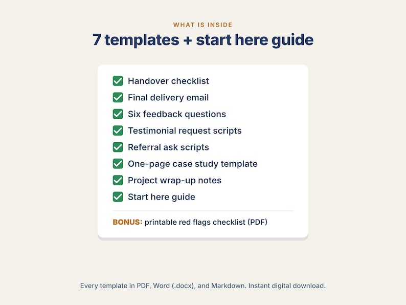 Kit voor het afhandelen van klantafhandeling, checklist voor de overdracht van freelanceprojecten, e-mail voor het aanvragen van een testimonial, sjabloon voor casestudy's, scripts voor doorverwijzingen, PDF DOCX afbeelding 2