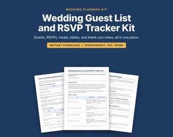 Spreadsheet voor het bijhouden van de gastenlijst voor een bruiloft, RSVP-tracker, tafelindeling, sjablonen voor bedankbriefjes, tekst voor RSVP-berichten