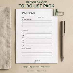 Printbaar pakket met takenlijsten | 6 ongedateerde plannerpagina's | Dagelijks, wekelijks, prioriteiten, projecten | A4, A5, Letter, Half Letter