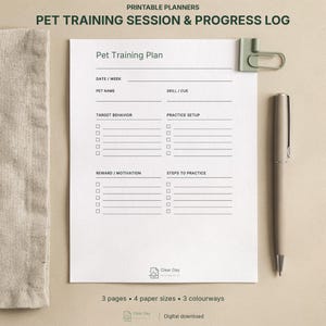 Pet Training Session & Progress Log Printable PDF, Undated Pages, 4 Paper Sizes, 3 Colourways