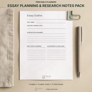 May include: A white printable essay planning and research notes sheet with black text including Essay Outline, Date/Week, Question/Working Thesis, Introduction & Argument, Body Points & Evidence, and Counterpoint & Conclusion.