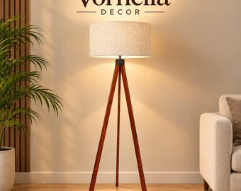 Tripod Floor Lamp, Mid Century Modern Standing Light, Brown Rubberwood Base, Linen Shade, E26 Socket for Living Room and Bedroom Decor