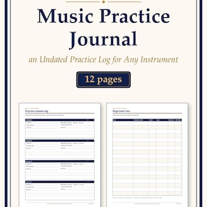 May include: A 12-page Music Practice Journal featuring a gold key icon, dark blue text, and two interior page layouts: a practice session log and a repertoire list. The bottom includes the text KeydayForms and a legal disclaimer.
