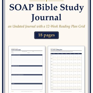 May include: A SOAP Bible Study Journal with a gold key icon, featuring 18 pages, an undated journal format, and a 12-week reading plan grid. The document includes a SOAP study page and a 12-week reading plan, all branded by KeydayForms.