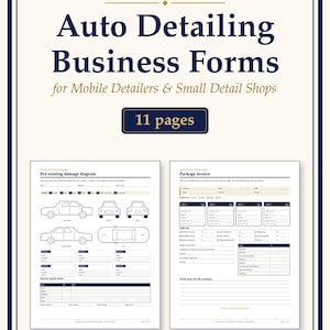 Puede incluir: Un conjunto de 11 formularios comerciales de detallado automotriz para detallistas móviles y pequeños talleres. El documento incluye un diagrama de daños preexistentes y una factura. El texto dice Auto Detailing Business Forms, 11 pages y KeydayForms.
