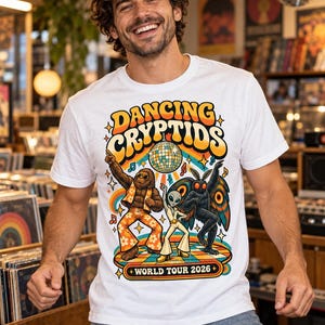 Dancing Cryptids 70s Disco Tee, Bigfoot Mothman Alien, Retro Weirdcore Gift