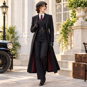 Traje de raya diplomática de primera calidad estilo años 20 para mujer, disfraz de gánster vintage, traje de 3 piezas para mujer con abrigo largo, atuendo estilo Peaky Blinders.