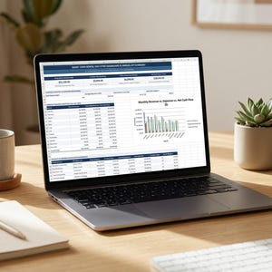 May include: A laptop screen displaying a Short Term Rental Executive Dashboard and Annual API Summary spreadsheet. The screen shows financial data tables, a bar chart titled Monthly Revenue vs. Expenses vs. Net Cash Flow, and rows of property performance metrics.