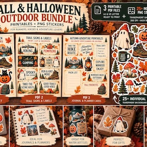 May include: A digital download bundle featuring Fall and Halloween themed printable sheets and PNG stickers. The collection includes illustrations of ghosts, pumpkins, hiking boots, lanterns, mushrooms, and mountain landscapes with autumn foliage.