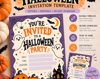 Modello di invito per festa di Halloween, invito PowerPoint modificabile, concorso in maschera, intrattenimento dal vivo, download digitale.
