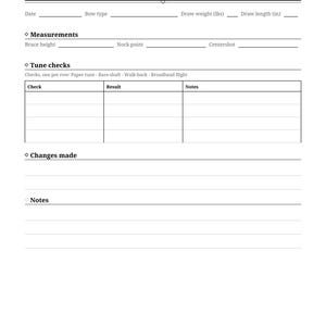 May include: A white Bow Tuning Record sheet with black text. It includes fields for date, bow type, draw weight in lbs, and draw length in inches. Sections include Measurements, Tune checks, Changes made, and Notes. BackCountry Paper Co. is at the bottom.
