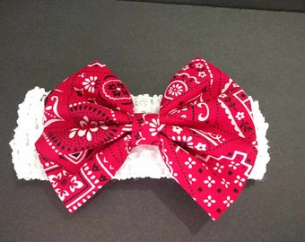 Red Bandana Bow, Baby Headband, Newborn, Baby, Girl Red Bandana Headband, Cowgirl Country Headband, Baby Head Band