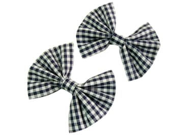 Gingham Hair Bow, Navy White Plaid Hair Bow, Pigtail Bows, Girls Hairbows Set of 2