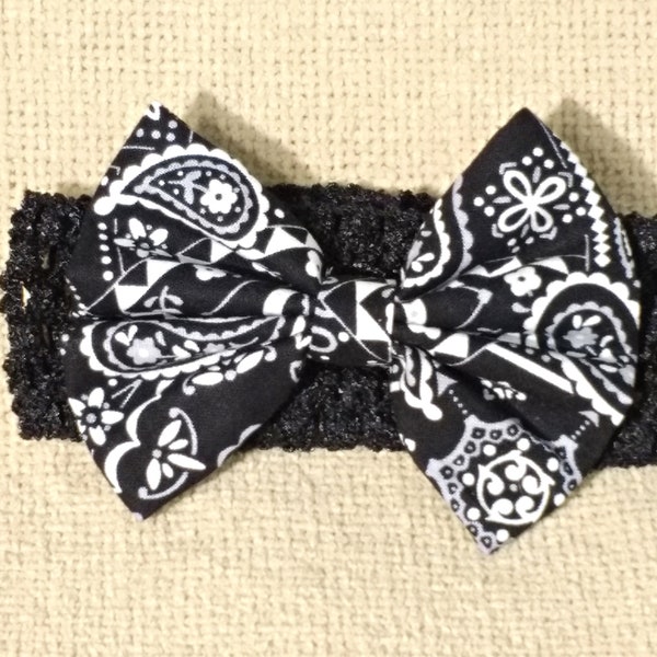 Baby Bandana Hair Bow, Black White Bandana Headband Baby Head Band Fabric Hair Bow