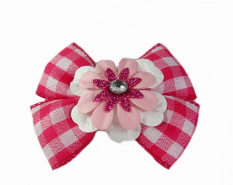 Gingham Hair Bow, Pink Striped Girls Hair Bow, Toddler Hair Bow