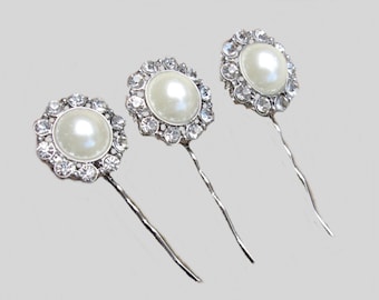 Pearl and Rhinestone Hair Pins, Rhinestone Hair Clips Wedding Hair Accessories Set of 3