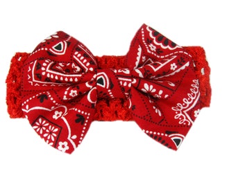 Baby Bandana Hair Bow, Red Bandana Headband, Baby Head Band, Baby Hair Bow, Cowgirl Hair Bow