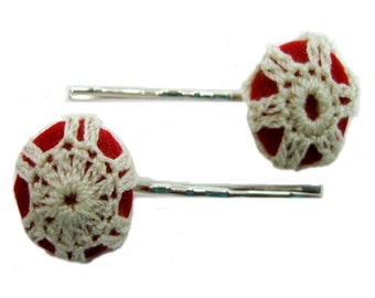 Crochet Button Hair Pins, Red Bobby Pins, Hair Accessories