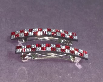 Silver and Red Hair Barrettes Hair Accessories for Women, Teens, Rhinestone Hair Clip Set of 2 French Barrettes