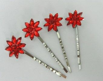 Red Bobby Pins, Button Flower Hair Pins, Hair Slides