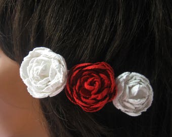 Floral Hair Clip, Rose Hair Clip,  Hair Barrette, Red White Hair Clip, Flower Hairpiece