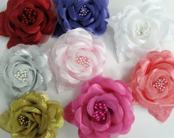 Flower Clip, Roses, Hair Clips, Red, Silver, Pink, White, Orange, you pick color