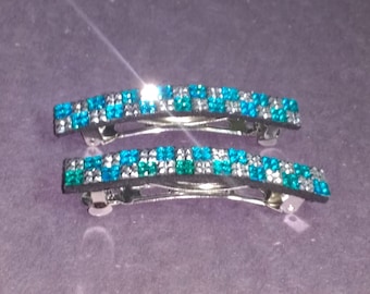 Aqua and Silver Rhinestone Hair Barrettes, Bling Hair Clip, Hair Jewelry