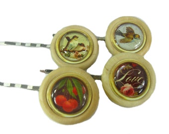 Wooden Button Bobby Pins,  Button Hair Pins, Decorative Bobbies, Birds, Fruit, Flowers, Hair Accessories