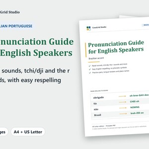 Könnte beinhalten: Ein 21-seitiger digitaler Ausspracheführer für Englischsprachige, die brasilianisches Portugiesisch lernen. Das Dokument enthält das CasaGrid Studio-Logo, Erklärungen zu Nasallauten, tchi/dji und r-Lauten sowie eine Tabelle mit Beispielen.