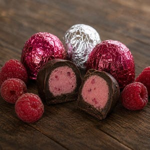May include: Two dark chocolate truffles with a pink raspberry filling are cut in half, surrounded by fresh raspberries and two whole truffles wrapped in shiny pink and silver foil, creating a vibrant display of fruit and chocolate.