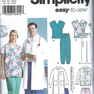 May include: Simplicity sewing pattern 5443 featuring scrubs and medical attire. The pattern includes various styles of tops, pants, and a lab coat. The scrubs are shown in solid teal, floral, and lavender colors. The pattern is available in sizes XL to XXXL.